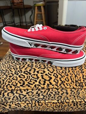 Vans Red Canvas Athletic Shoes with Apple Print Trim